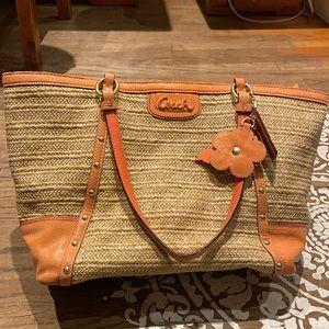 Coach Natural/Coral straw tote